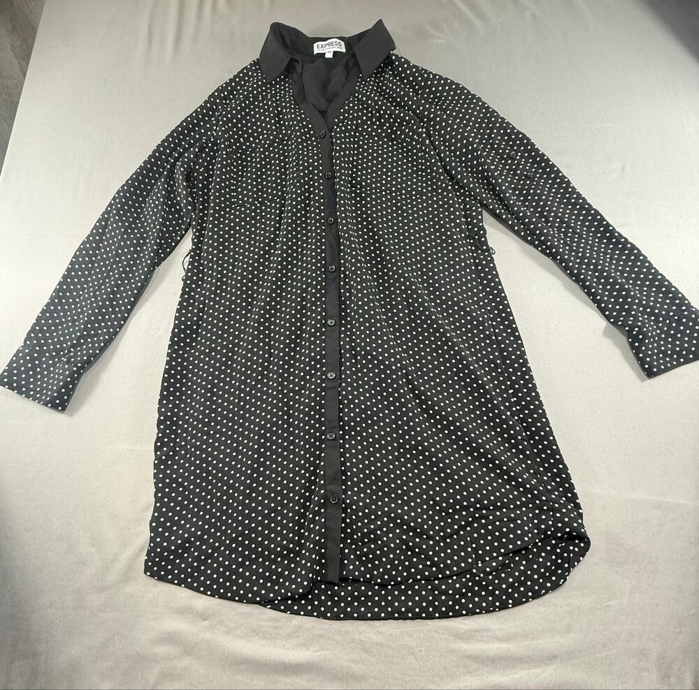 Express Portofino Black White Polka Dot Shirt Dress Women’s Size M Missing Belt